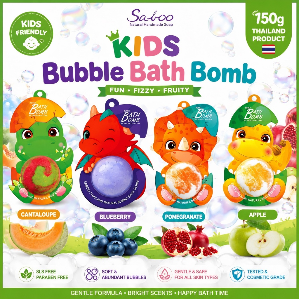 Sabo Kids Bubble Bath Bomb 150g Fruity Bath Bomb Bubble Spa SLS ฟรี Paraben ฟรี Apple Blueberry เด็ก