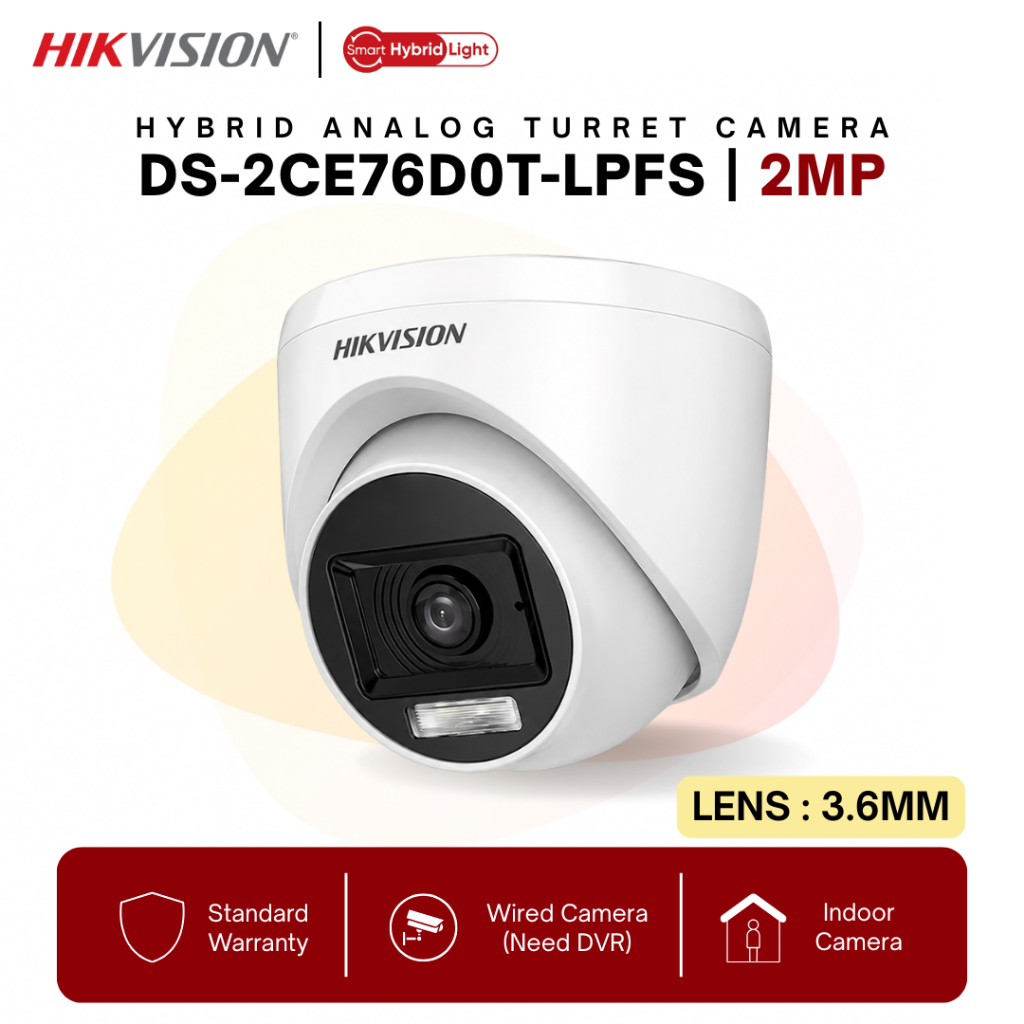 กล้องวงจรปิด HIKVISION (World No. 1) กล้องโดมภายในอาคาร Smart Hybrid Light 2MP DS-2CE76D0T-LPFS (3.6