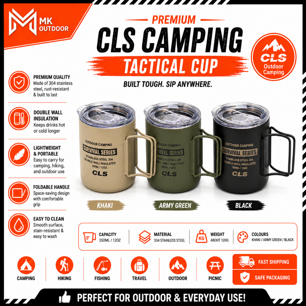 CLS Camping Tactical Cup Camping Cup Metal Vacuum Insulated พร้อมฝาปิดพร้อมที่จับพับได้ Camping Mug 