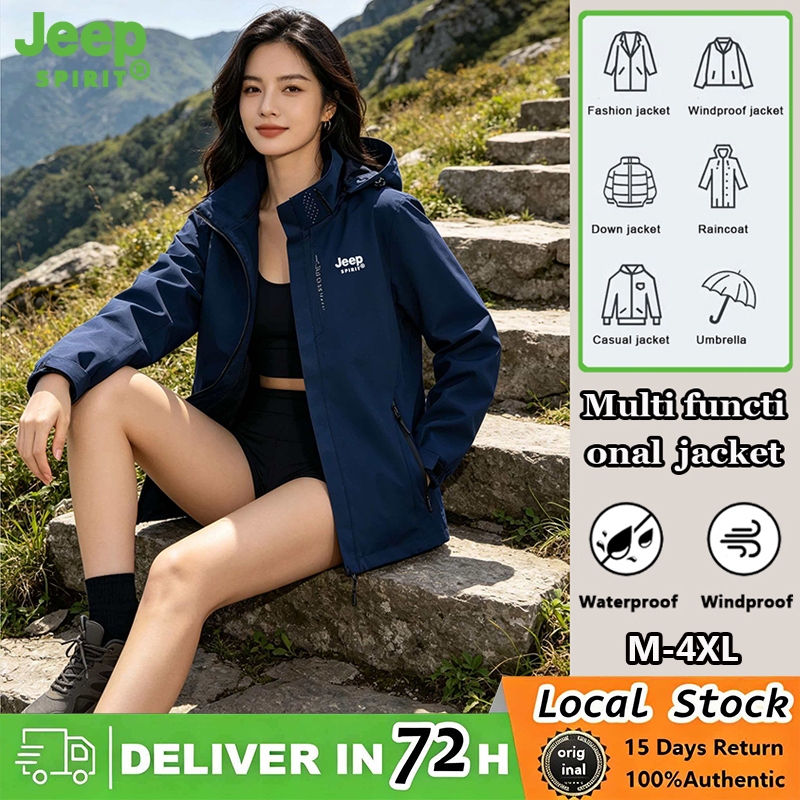 JEEP SPIRIT เสื้อแจ็คเก็ตกันน้ํากลางแจ้งสําหรับแจ็คเก็ตกันลมเดินป่าของผู้หญิงสีน้ําเงิน