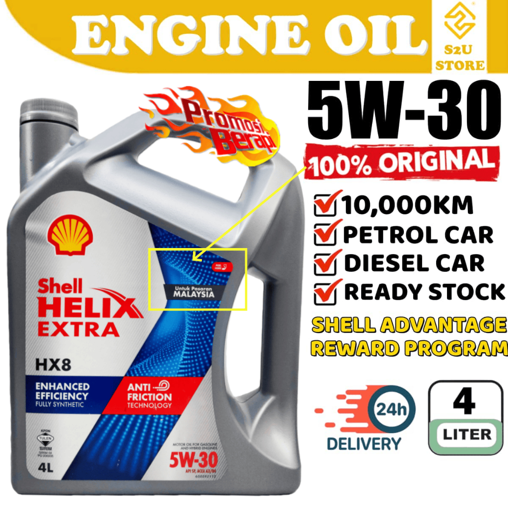 S2U น้ํามันเครื่อง Shell Helix HX8 5W30 SN PLUS สังเคราะห์ 4L Minyak Hitam Enjin Kereta