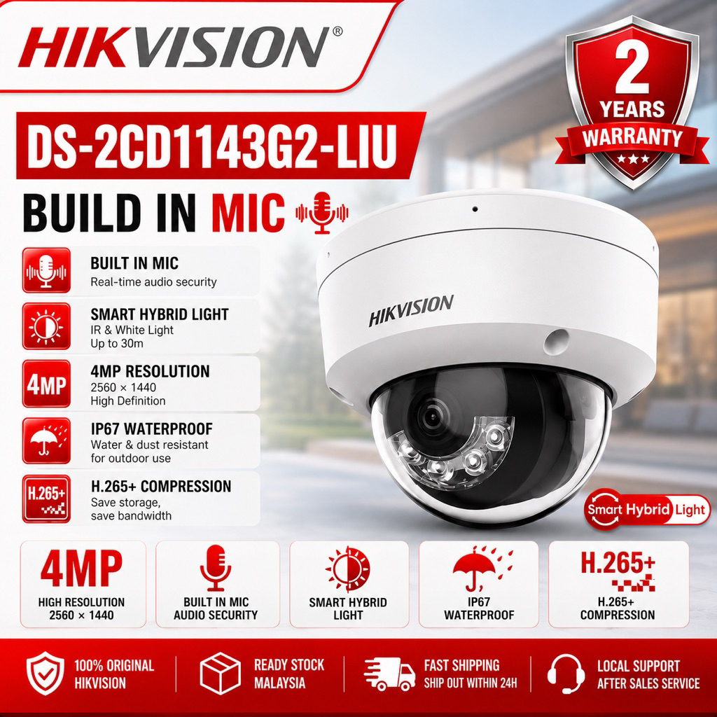 Hikvision 4MP กล้อง IP เครือข่ายโดมคงที่ DS-2CD1143G0-I / DS-2CD1143G2-LIU 2.8 มม. 4 มม. เลนส์กล้องว