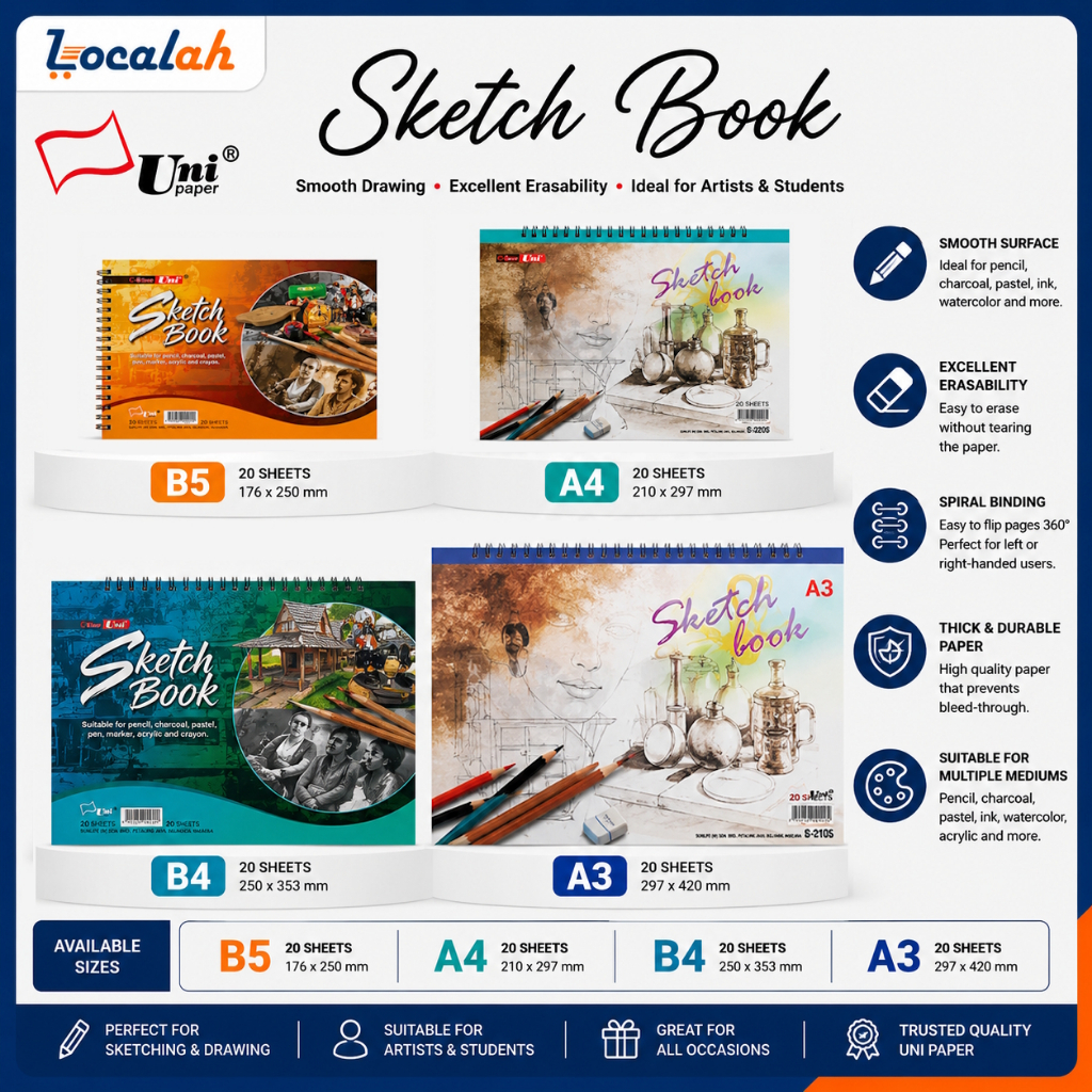 UNI Sketch Book A3 A4 B4 B5 Spiral Drawing Book Sketch Pad Artist Sketching Paper 20 แผ่น