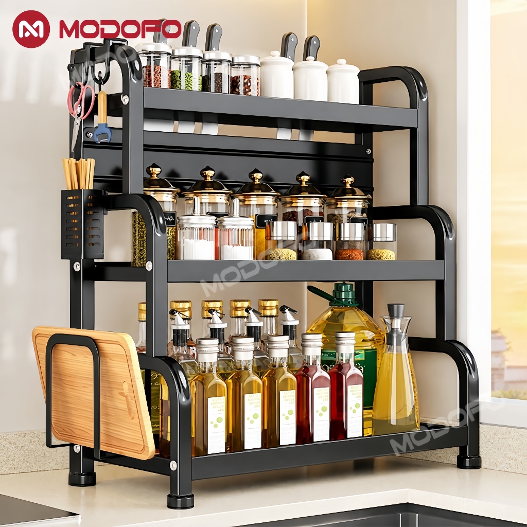 MODOFO ชั้นวางเครื่องเทศเหล็กคาร์บอนมัลติฟังก์ชั่นห้องครัว Rak Seasoning Racks ชั้นวาง