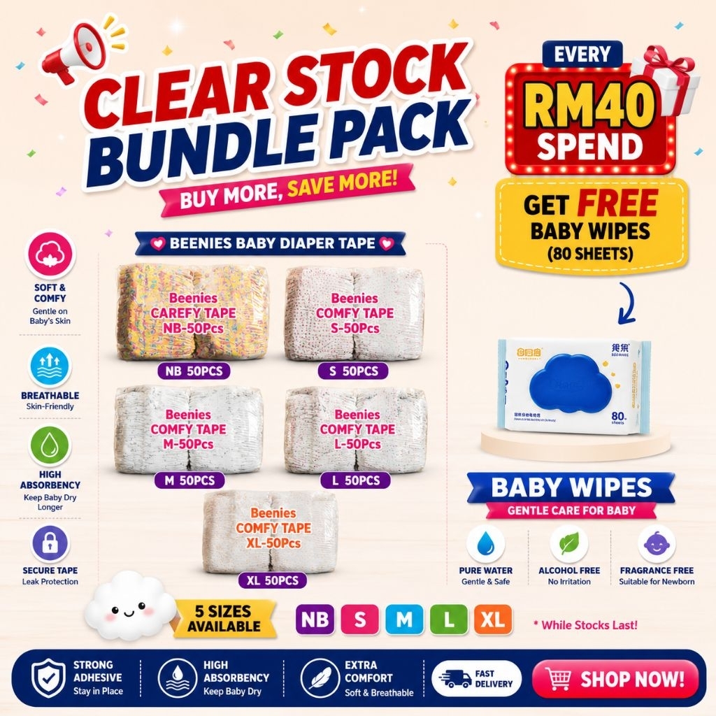 Beenies Blde Pack 50 ชิ้น ( NB, S, M, L, XL ) + Spend RM40 ฟรีผ้าเช็ดทําความสะอาดเด็ก