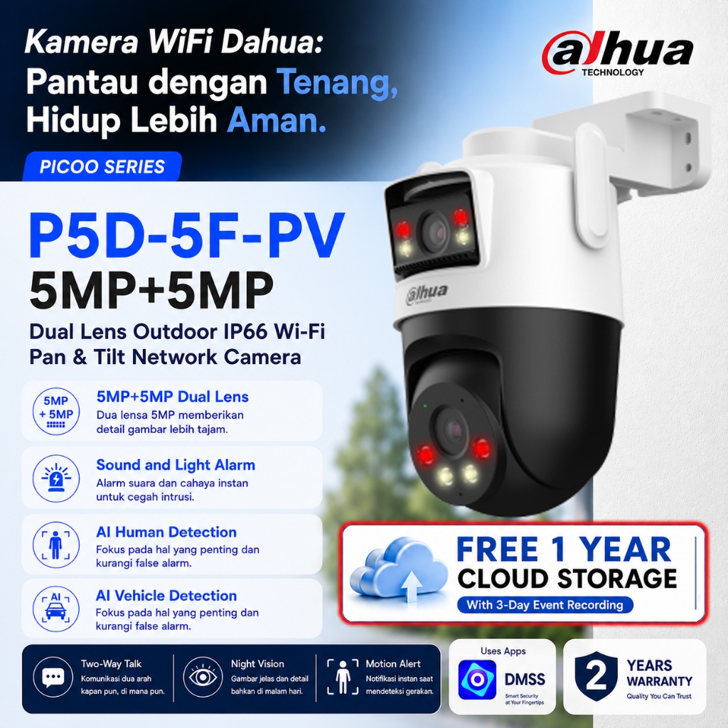 DAHUA PCOO P5D-5F-PV Dual Lens 5MP+5MP H.265 การติดตามอัตโนมัติกลางแจ้ง Wi-Fi Pan & Tilt Alarm Night