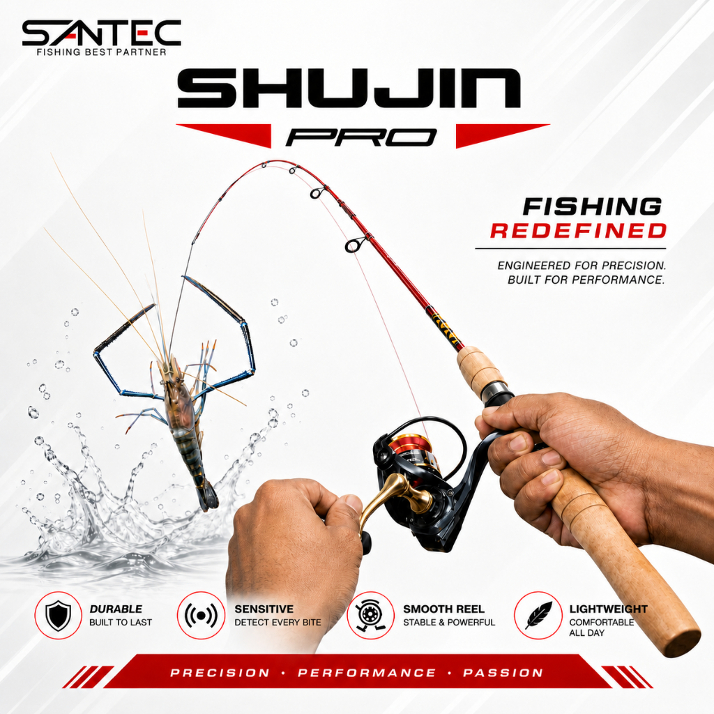 SANTEC - SHUJIN PRO SOLID PRAWN ROD พร้อมด้ามไม้ 2 SECTION PRAWN FISHING