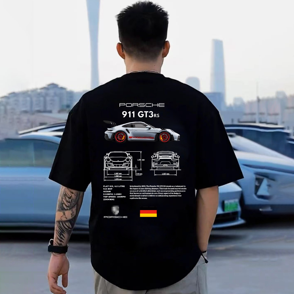 Porsche 911 993 GT3 RS Supercar Racing เสื้อยืด 100% Cotton Graphic Tee Baju Lelaki Perempuan ยานยนต