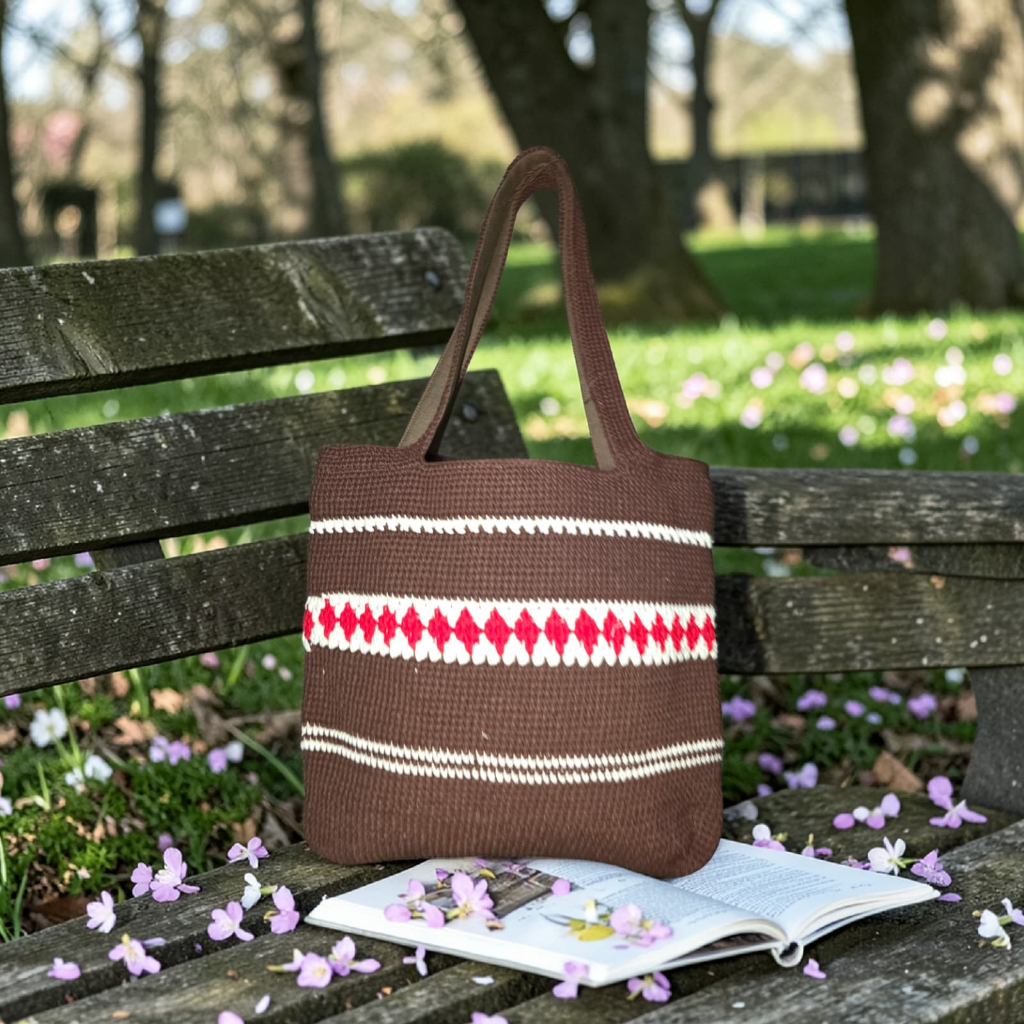 กระเป๋าถักโครเชต์ Nordic Geometric Pattern Vintage Brown Tote Bag