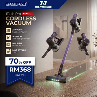 Electrova iTech Pro Cordless Vacuum Cleaner| 23kPa Suction | Anti-Hair Tangle | Green Light Tech | Carpet Roller | Mop