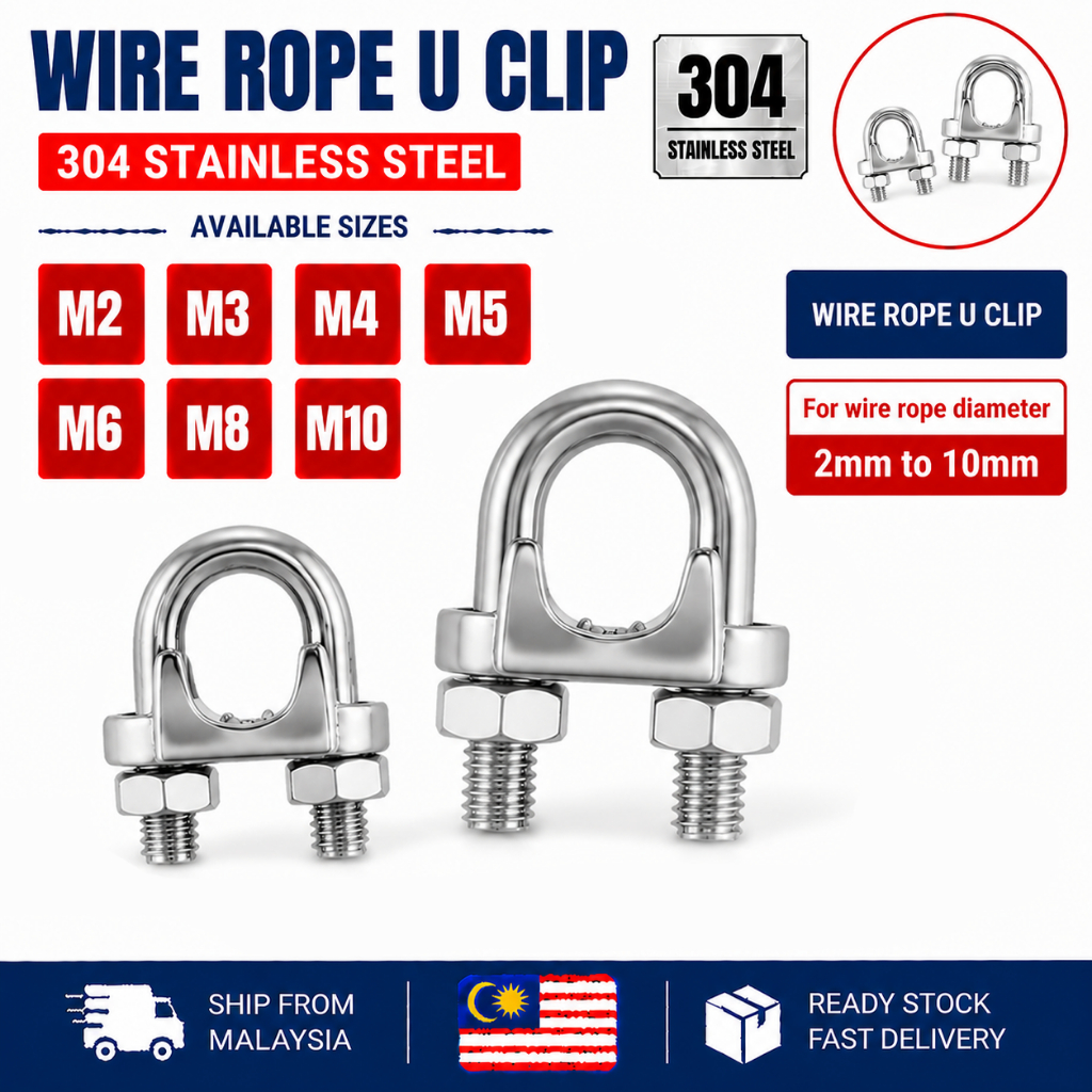 [M2-M10] เชือกลวด U คลิปสาย Clamp Grips DIN741 M3 M4 M5 M6 M8 304 สแตนเลสสําหรับเส้นผ่านศูนย์กลาง 2 