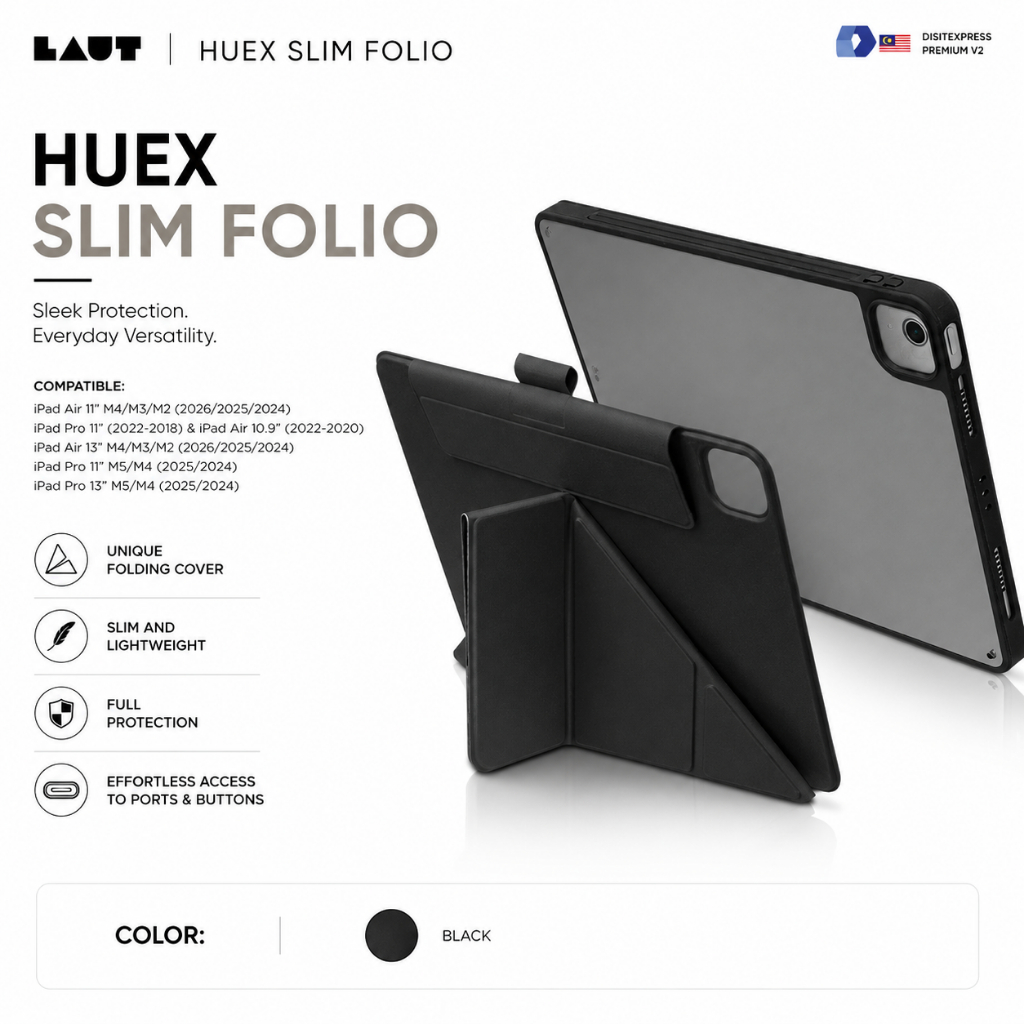 LAUT HUEX SLIM FOLIO Case เข้ากันได้กับซีรีส์ iPad - สีดํา