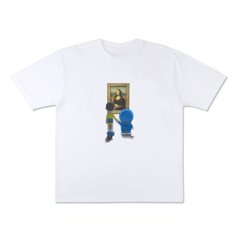 Doraemon Mona Lisa Parody Tee ️ผ้าฝ้าย 100% pinat kartun lucu ฤดูร้อนทุกวัน saiz S-5XL
