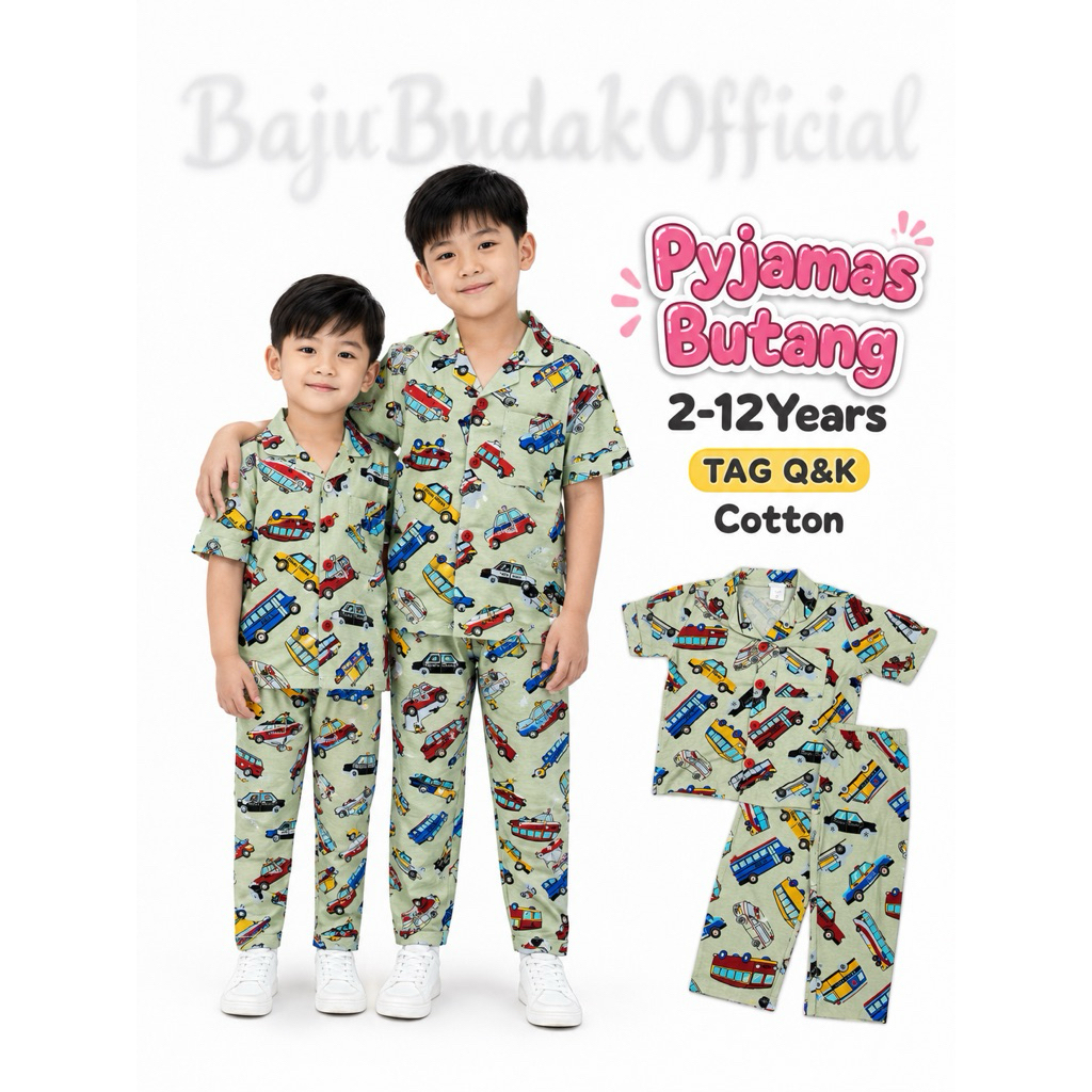 2Y-12Y ️Q&K ️BUS.AMBULANCE ️PYJAMAS BULTANG KEMEJA BIG KIDS COTTON BOY SHORT SLEEVE BUTTON LONG PANT