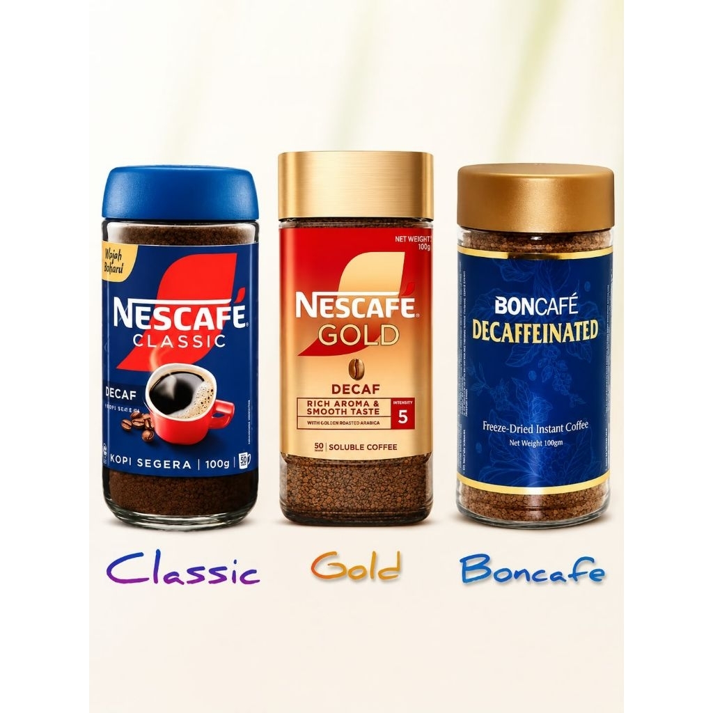 เนสกาแฟ Nescafe Classic Decaf/Gold Decaf/Boncafe Decaffeinated 100g.(กาแฟสกัดคาเฟอีนออก97%)​