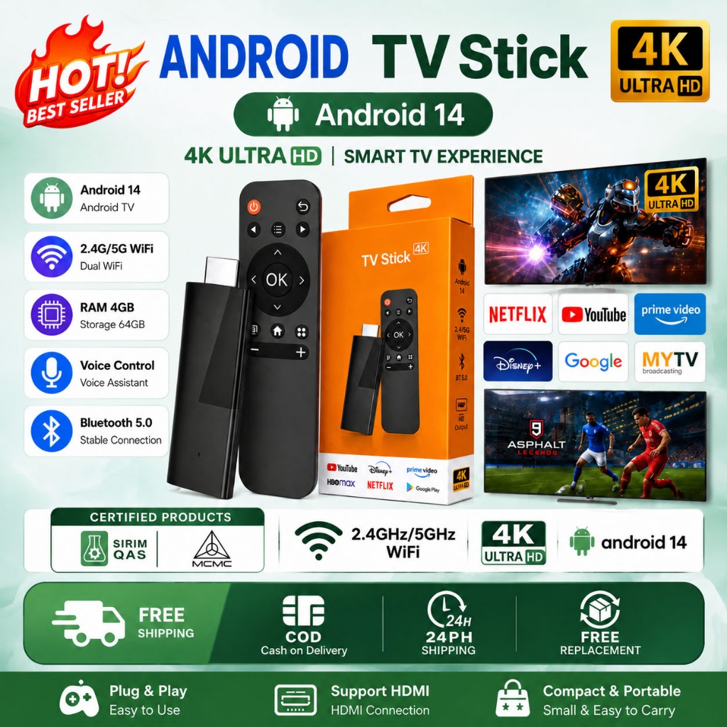 TV Stick M98 4K Android สมาร์ททีวีกล่อง YouTube Netflix HDR สตรีมมิ่ง Dongle WiFi 2.4G 5G Penukar TV