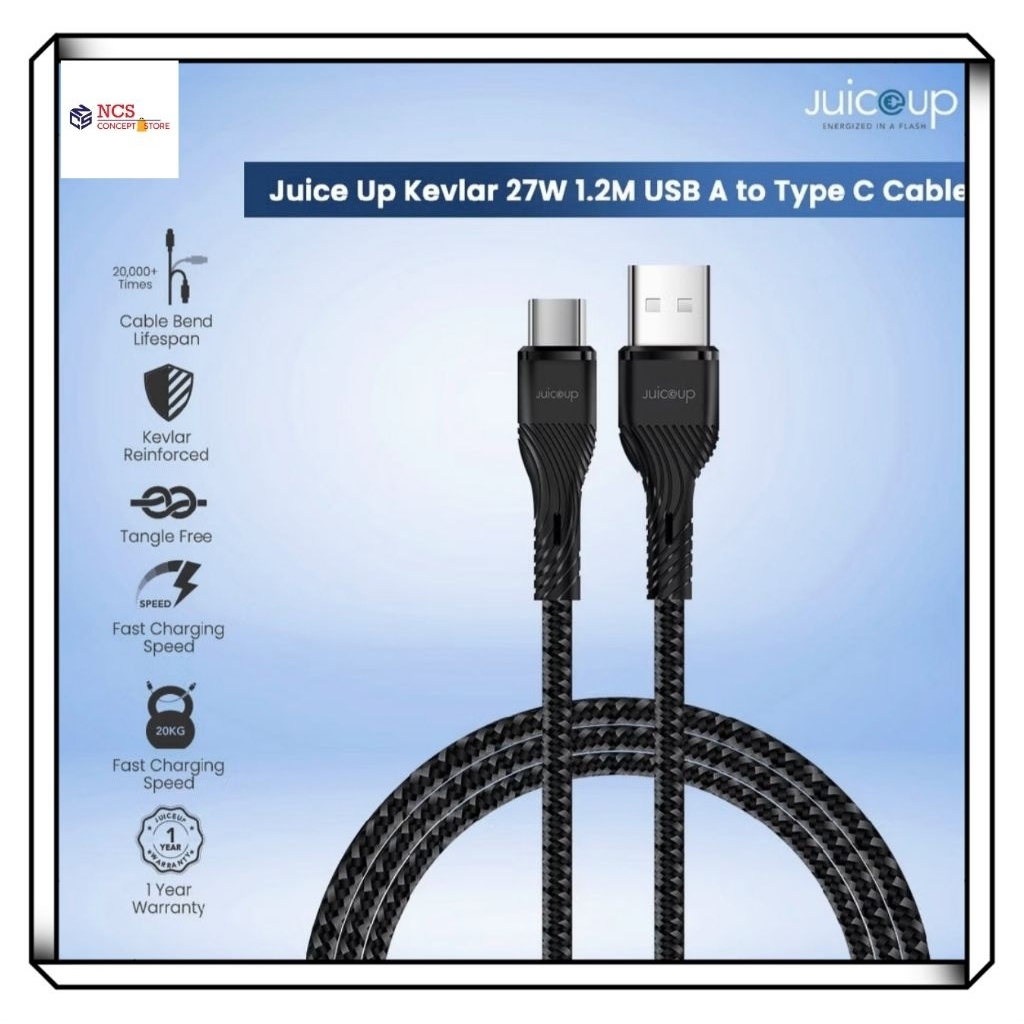 Juice Up Kevlar 27W 1.2m สาย USB A ถึง Type C ชาร์จเร็วแบบถักด้วยซิงค์ข้อมูลการออกแบบที่ทนทานใช้พลัง