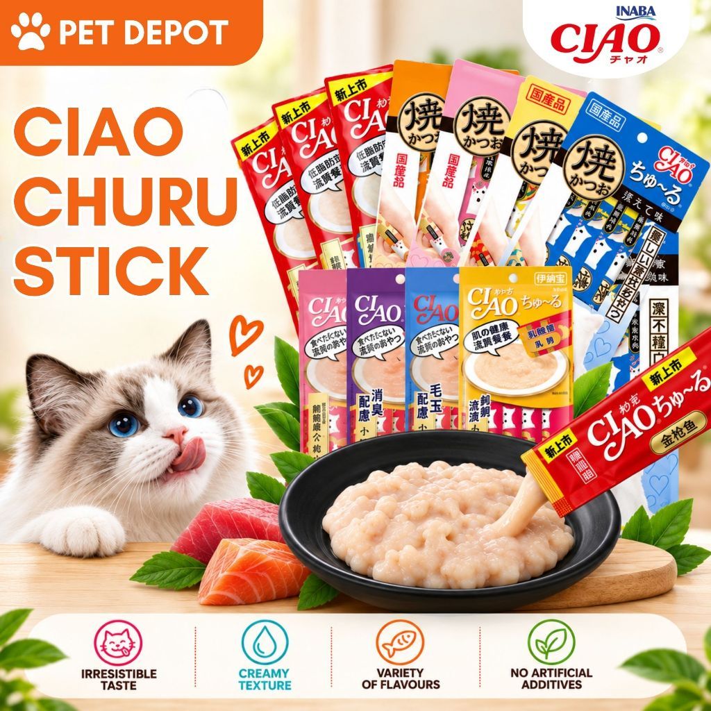 Inaba Ciao Churu Cat Sticks Creamy Liquid Cat Treats Makan Kucing Sเน็ก Kucing 猫条猫咪