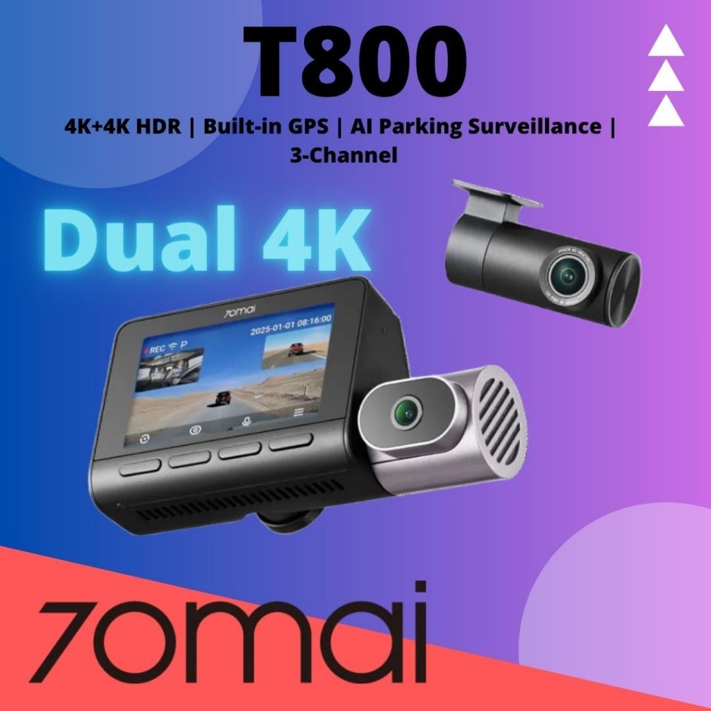 70mai T800 3-Channel Dashcam Dual 4K ความละเอียด + HDR | การเชื่อมต่อ 4G | GPS และ AI การเฝ้าระวังที