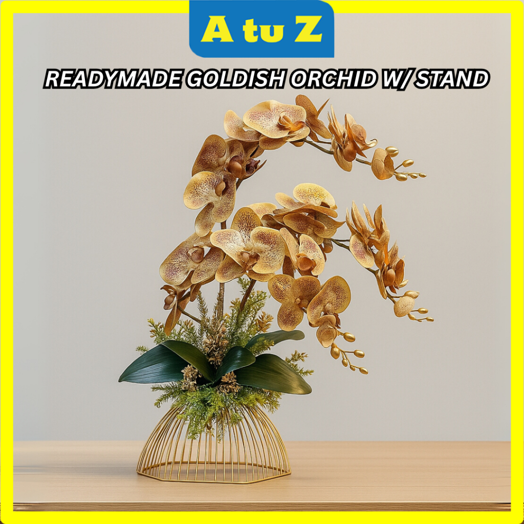 Gubahan Bunga Orkid Goldish Readymade 3D Latex พิมพ์ทองตะกร้า 3 ชิ้น Hiasan Rumah Berserta Daun Orki