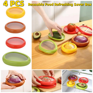 4pcs Reusable Food Saver Box Half Cut Fruit Refreshing Retractable Film Storage Container Fruit Preservation Seal Cover