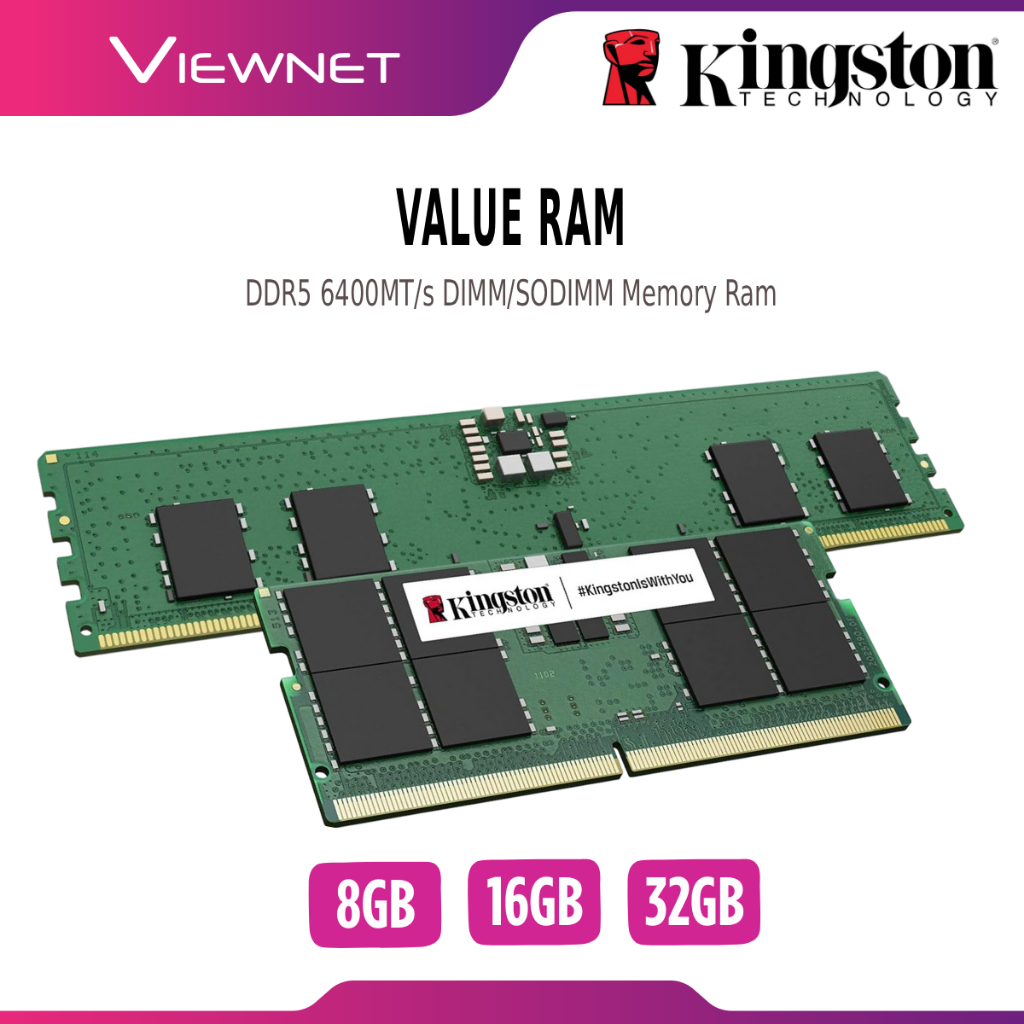 KINGSTON DDR5 VALUE RAM DESKTOP PC (DIMM) / โน้ตบุ๊กแล็ปท็อป (SODIMM) NON-ECC CL52 MEMORY RAM (6400M