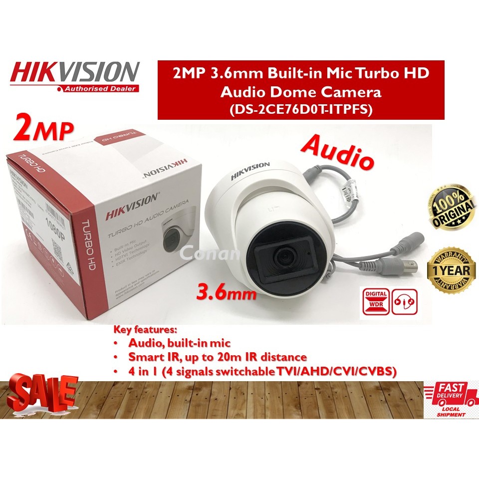 HIKVISION กล้องโดม 2MP (DS-2CE76D0T-ITPFS) 2MP 3.6 มม.ไมโครโฟนในตัว Turbo HD Audio Dome