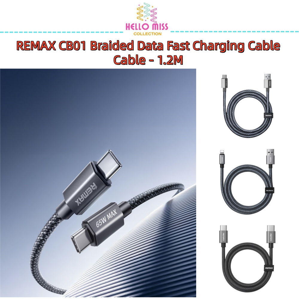 REMAX CB01 BRAIDED FAST CHARGING CABLE C TO C 65W / C TO L 30W / A TO L 3A / A TO C 3A - 1.2M