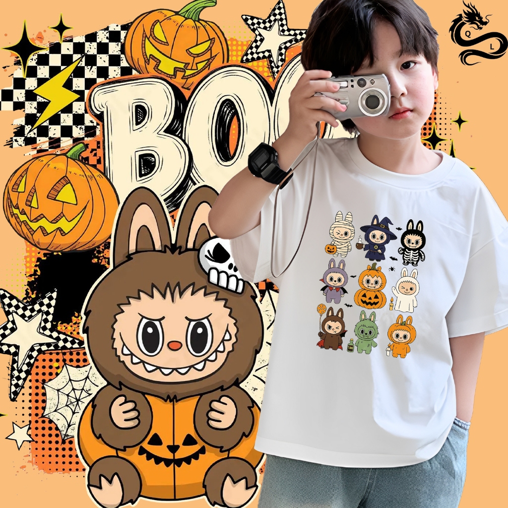 FUZZY Spooky Labubu เด็กฮาโลวีนเสื้อ 100-150 ซม.ฮาโลวีนผู้ใหญ่แขนสั้นผ้าฝ้าย S-5XL 05