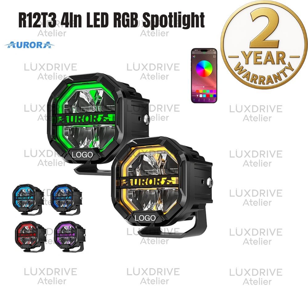 AURORA[1 คู่] R12T3 RGB LED Work Light Bar | 30W Off-Road Spot/โคมไฟสําหรับ 4x4, รถบรรทุก, SUV, UTV,
