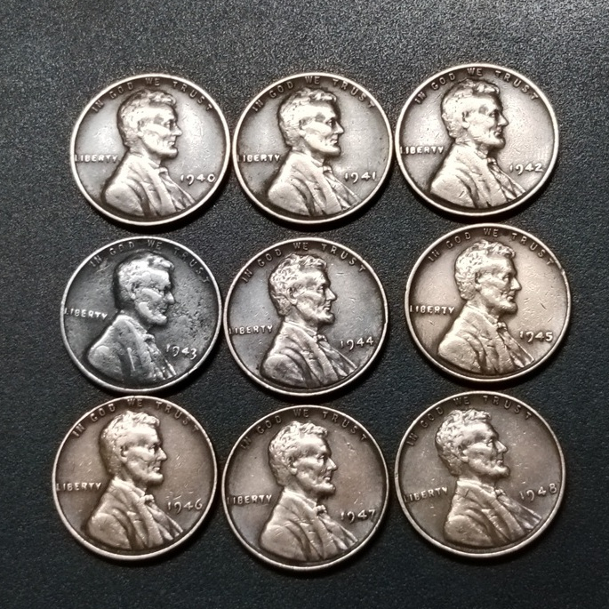 US Lincoln A Set Of Wheat Penny 1 Cent 1940 -1948 ( 9 เหรียญ )รวม 1943