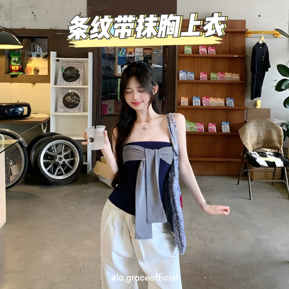 LA.GRACE OFFICIALเกาหลี Stripe Bow Tube Top Elegant Off ไหล่ Strapless Corset เสื้อเซ็กซี่ริบบิ้น Ba