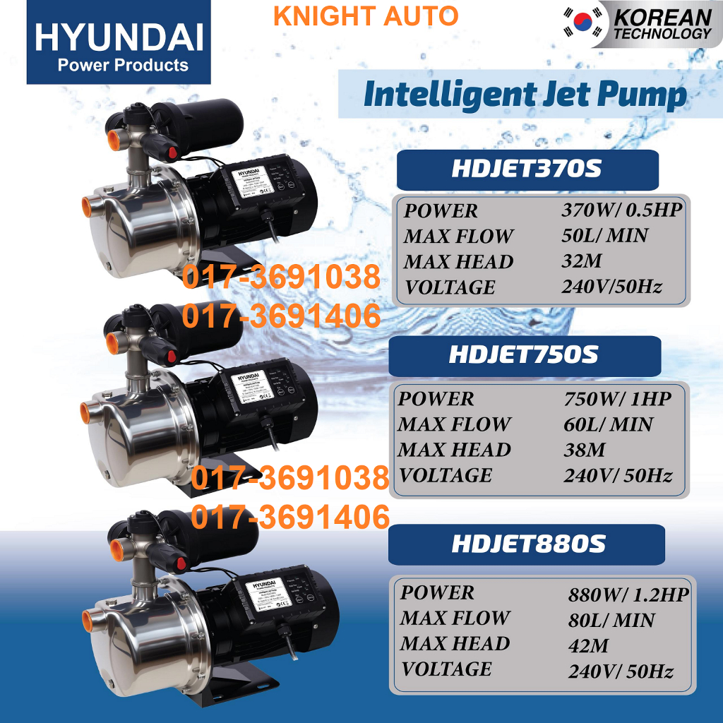 HYUNDAI HDJET880S ปั๊มเจ็ทอัจฉริยะสแตนเลส 370W 0.5HP / 750W 1HP / 880W 1.2HP J003