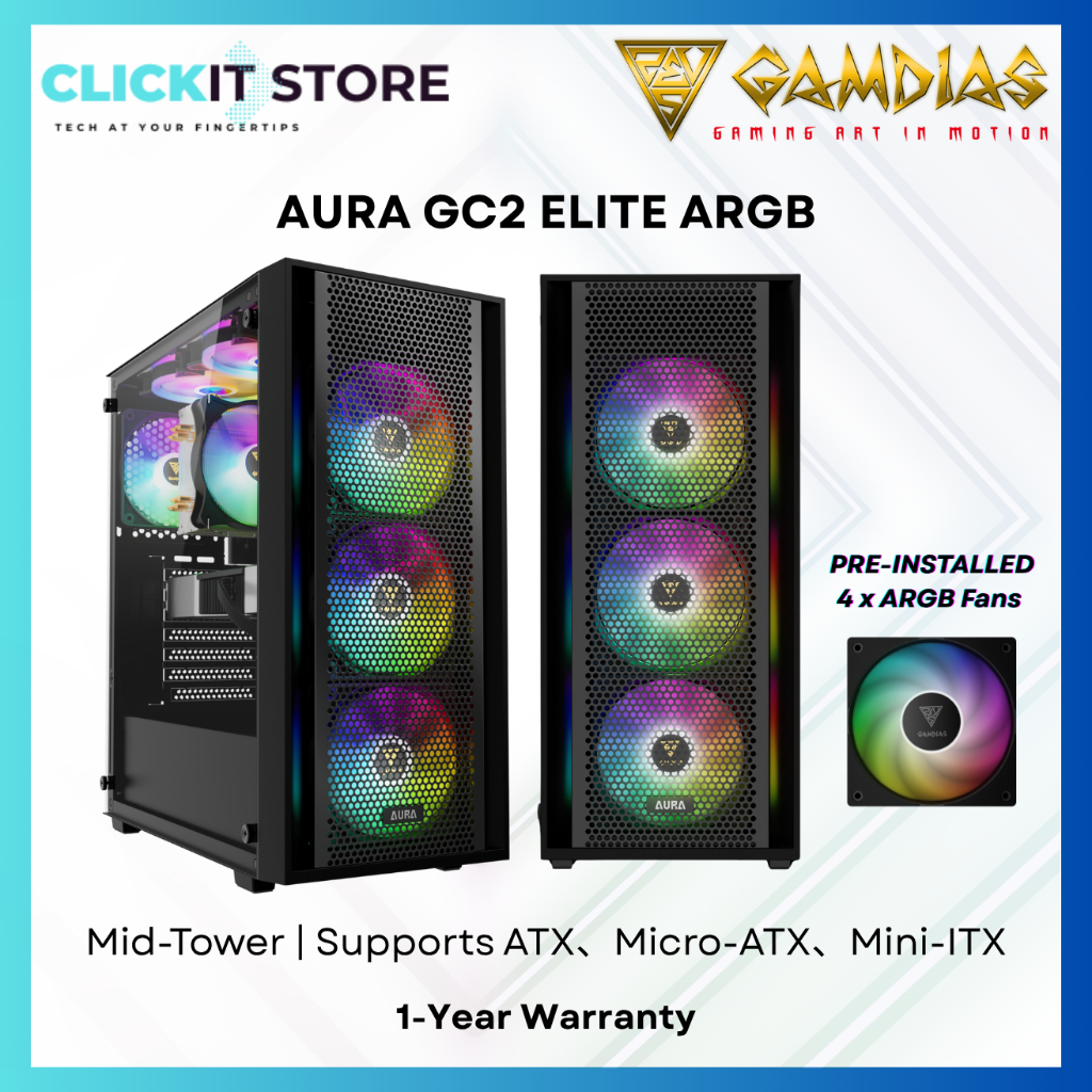 GAMDIAS AURA GC2 ELITE ARGB Perforated RGB Mid-tower Case Black -รองรับ MB ATX, Micro-AT, Mini-ITX