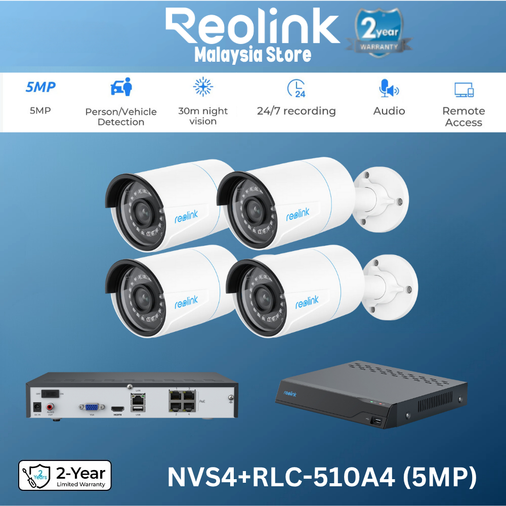 Reolink RLC-510A 5MP ระบบกล้อง Human/รถการตรวจจับ 4ch PoE NVR NVS4 & 4 PoE IP การเฝ้าระวังวิดีโอกลาง