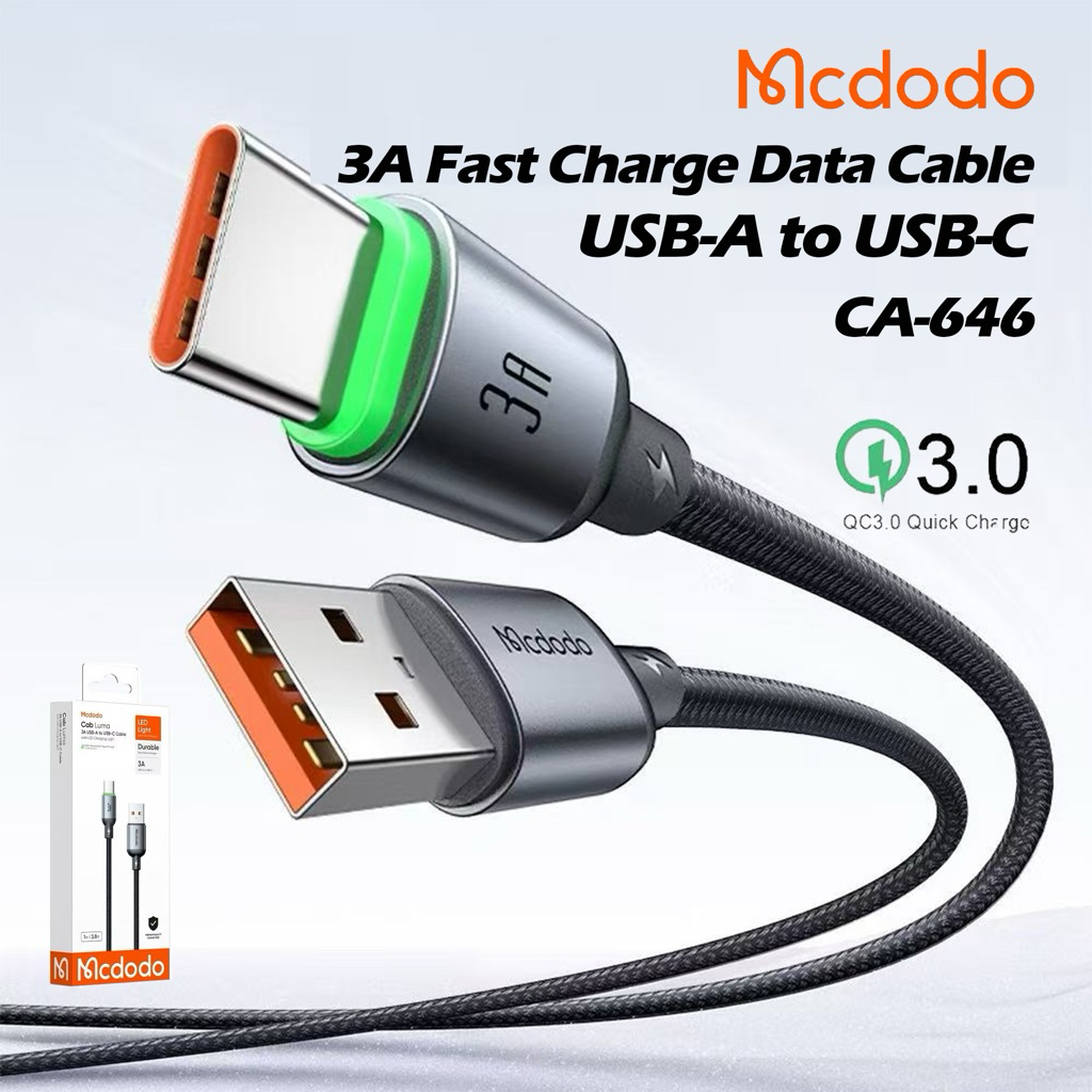 Mcdodo CA-646 USB-A to USB-C 3A Fast Charging LED Cable (1M/2M/3M) – Nylon Braided QC3.0