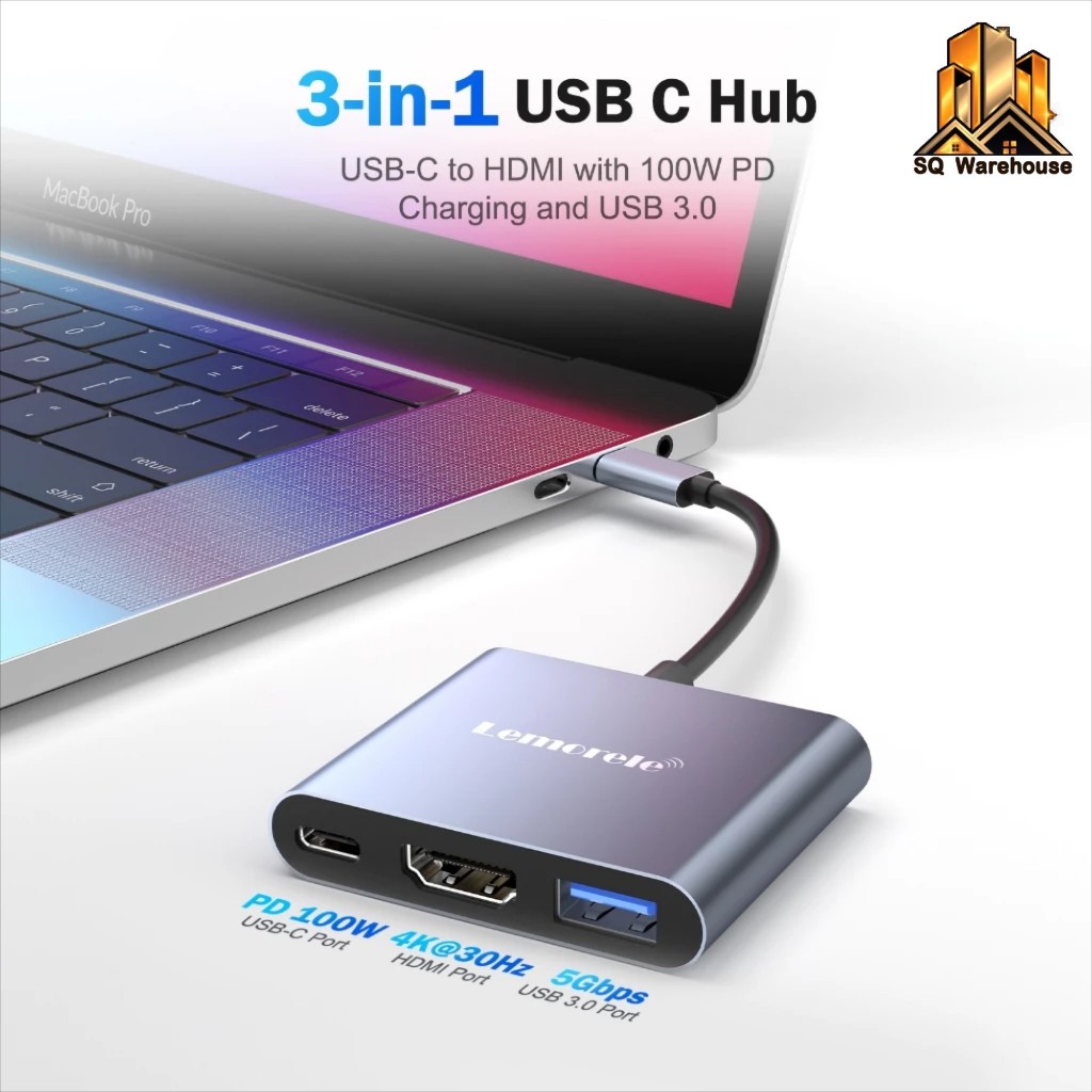 TC33 Lemorele อะแดปเตอร์ฮับ USB 3-in-1 USB C ถึง HDMI 4K30HZ USB-A 5Gbps PD100W Plug and Play