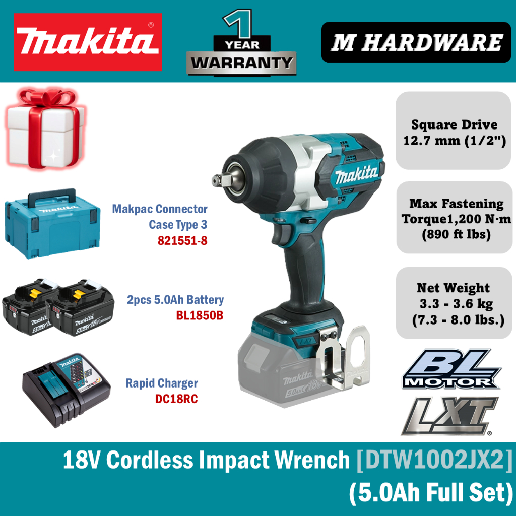 MAKITA 18V ประแจผลกระทบไร้สาย 12.7 มม. (1/2") DTW1002JX2 / DTW1002JX3 / DTW1002ZX2