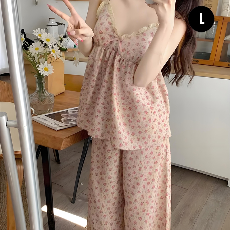 Best Floral Suspenders Top Pants Set Retro Pyjamas Women Loose Fashion Home Clothes