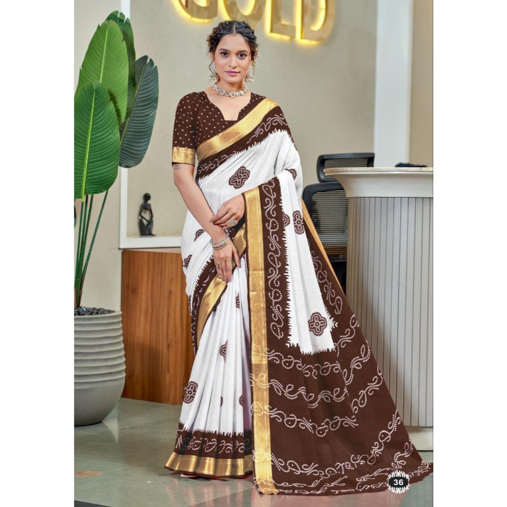 MULMUL BANDHANI BLOCK พิมพ์ด้วย HEVAY ZARI BODAR SAREES พร้อม MTR 0.90