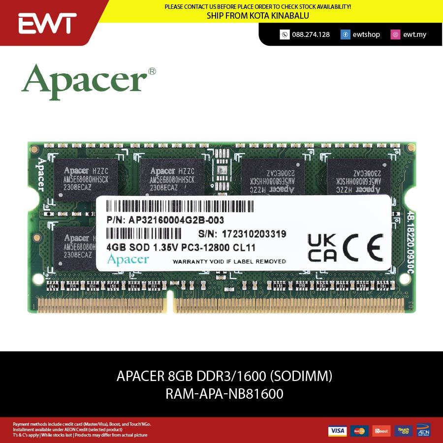 APACER 8GB DDR3/1600 (SODIMM) RAM-APA-NB81600