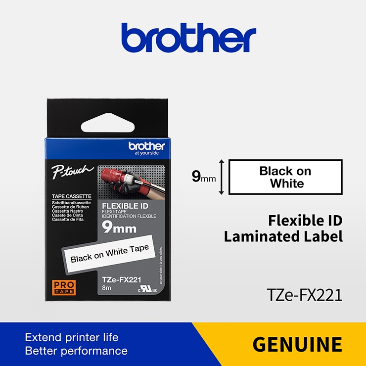 Brother TZe-FX221 9 มม.สีดําบนสีขาวเทปลามิเนต ID ที่มีความยืดหยุ่น TZFX221 TZ-FX221
