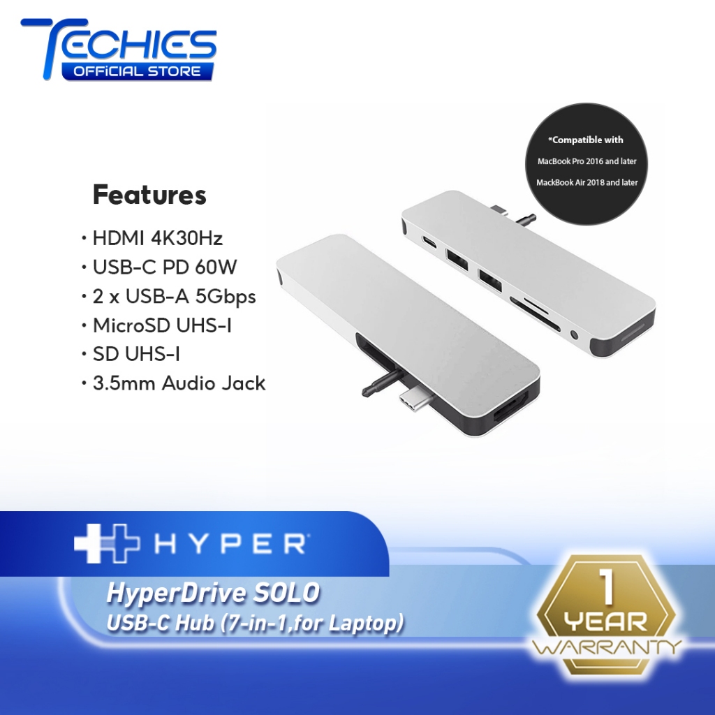 HyperDrive SOLO GN21D 7-in-1 USB-C Hub สําหรับ Macbook Pro (HDMI 4K/USB-C PD/USB-A 5Gbps/MicroSD/SD 