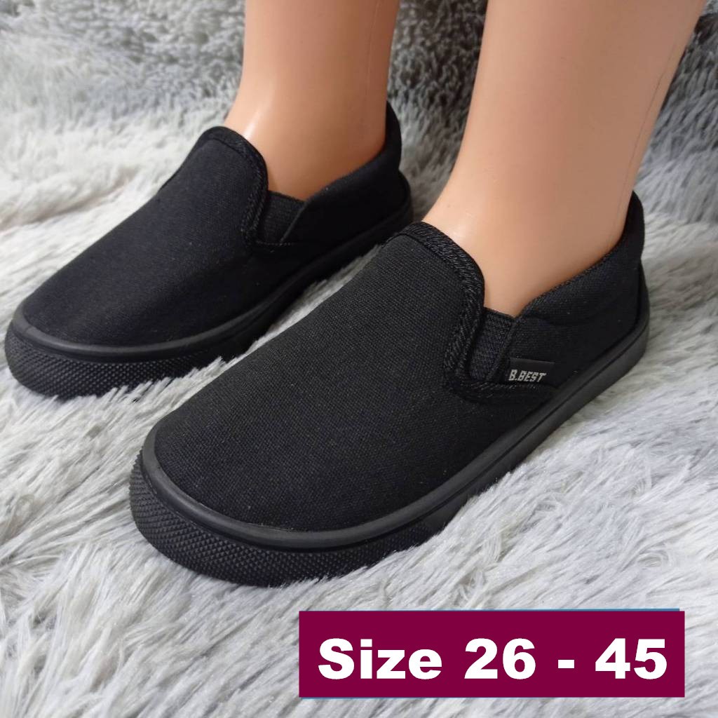 H&H B.Best Size 26-45 Kasut Sekolah Hitam Sarung Unisex School Black Shoes Canvas Slip On