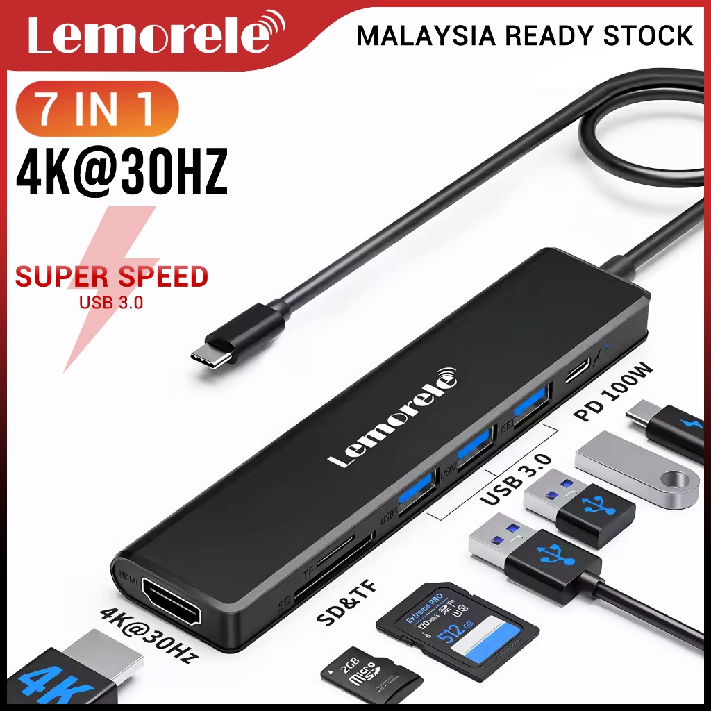 Lemorele TC90 อะแดปเตอร์ฮับ USB-C 7-in-1 4K HDMI RJ45 100W PD 3x USB 3.0 SD TF