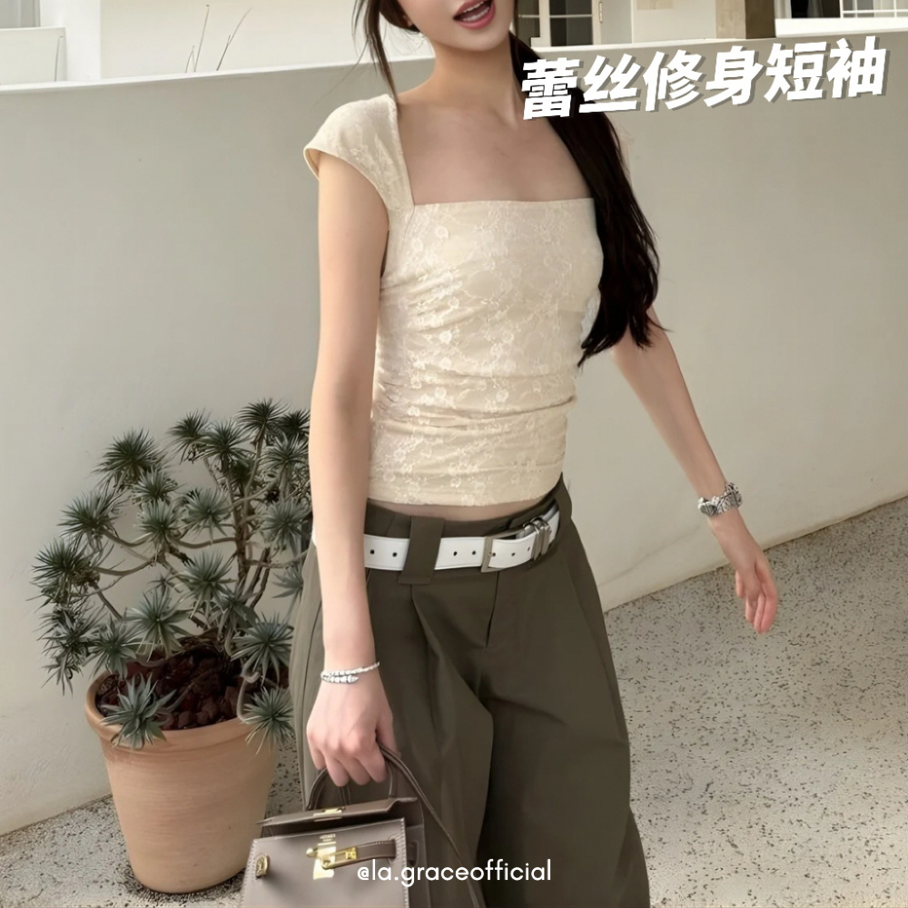 LA.GRACE OFFICIALสไตล์เกาหลีลูกไม้ Slim Fit Top ผู้หญิงสแควร์คอแขนสั้น Elegant Crop เสื้อฤดูร้อนเสื้