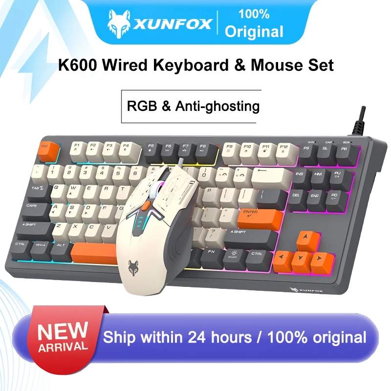 XUNFOX K60 RGB คีย์บอร์ดเกมแบบมีสายชุดเมาส์ Anti-Ghosting Keys Mechanical Feel 87 คีย์