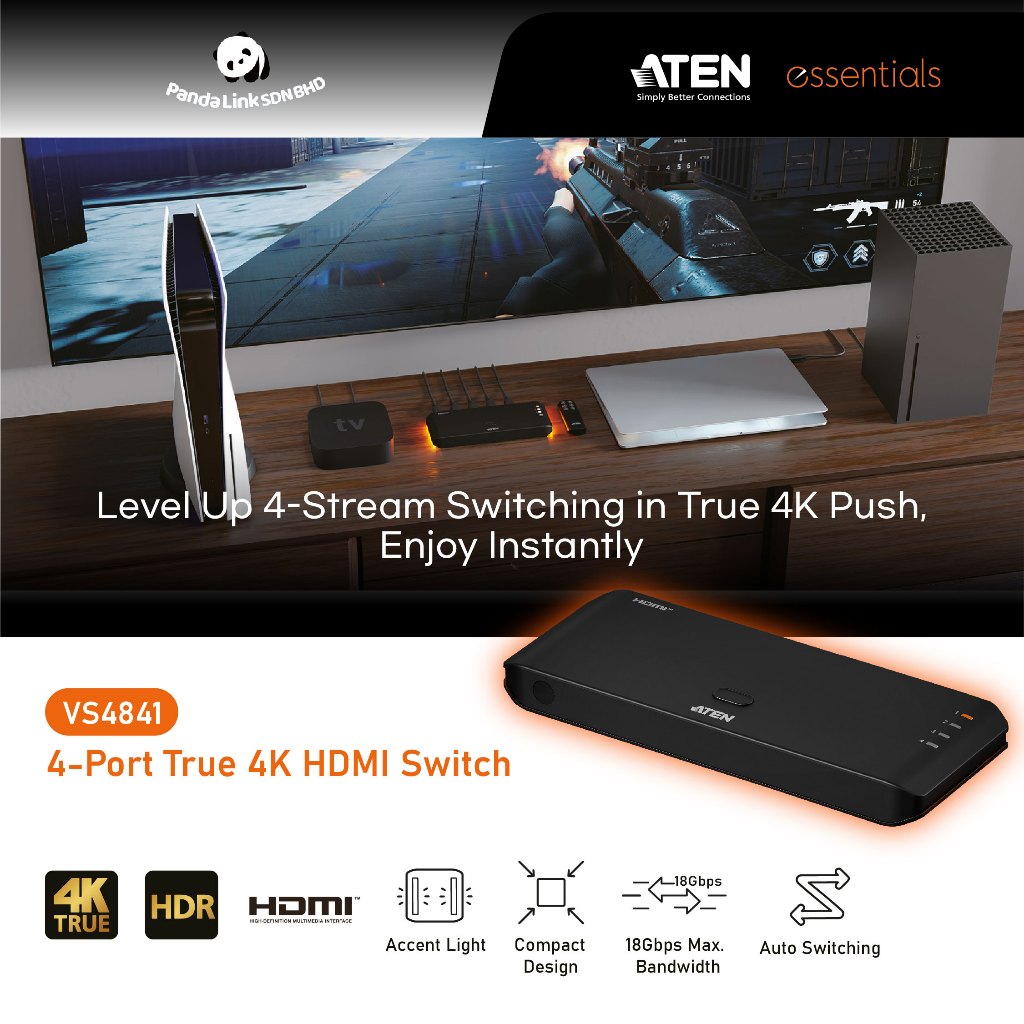 ATEN ซีรีส์จําเป็น VS4841 สวิตช์ HDMI True 4K 4 พอร์ต + เสื้อยืดจําเป็น ATEN ฟรี