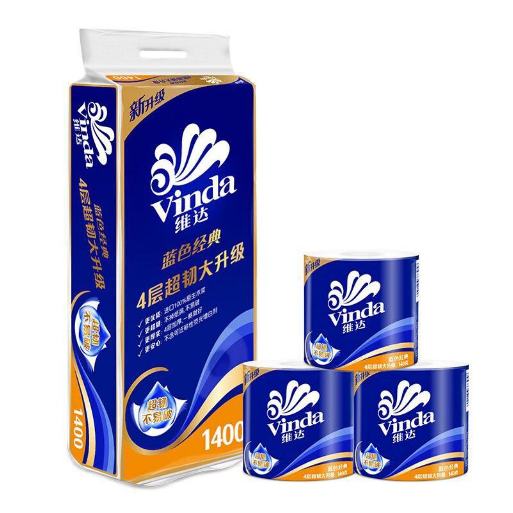 维达ผ้าเช็ดตัวกระดาษ Vinda Ultra Strong กระดาษชําระม้วน (4PLY X 10 ROLL) 维达四卫生纸 蓝色经竹克10卷生理石บ้าน生纸4卷筒