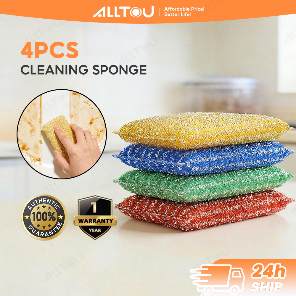 ALLTOU ฟองน้ําทําความสะอาด 2 ด้านจานลึกและเคาน์เตอร์แปรงทรงพลัง Span 洗ผ้าเช็ดจาน (4 ชิ้น) แผ่นใยขัด